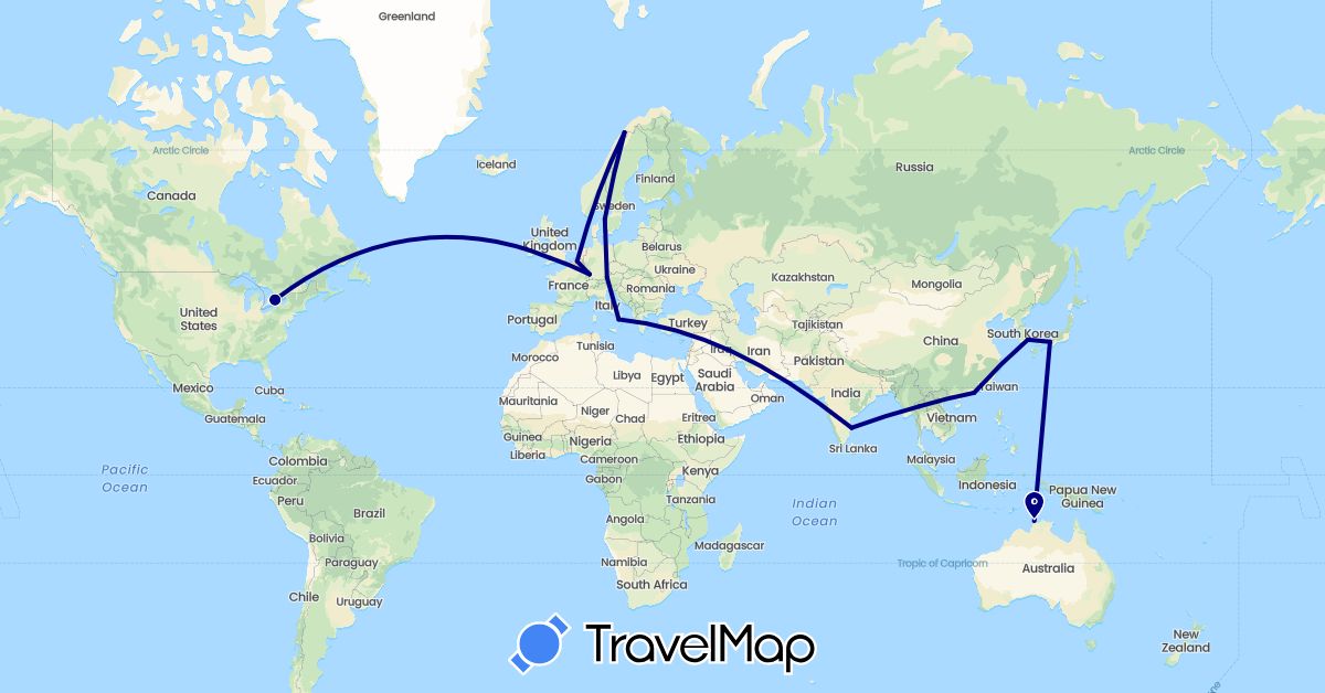 TravelMap itinerary: driving in Australia, Belgium, Canada, China, Germany, France, United Kingdom, India, Italy, Japan, South Korea, Norway, Sweden, Thailand (Asia, Europe, North America, Oceania)